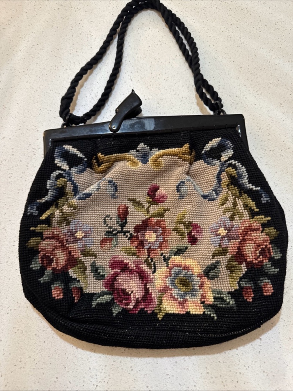 Vintage Floral Needlepoint Handbag with Lucite Frame & Rope Handle